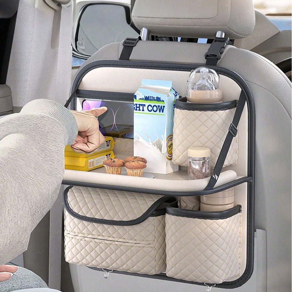 Car Back Seat Organiser | Multi-Pocket Leather Storage Bag, 40x36cm, Beige & Black | HOORIVA
