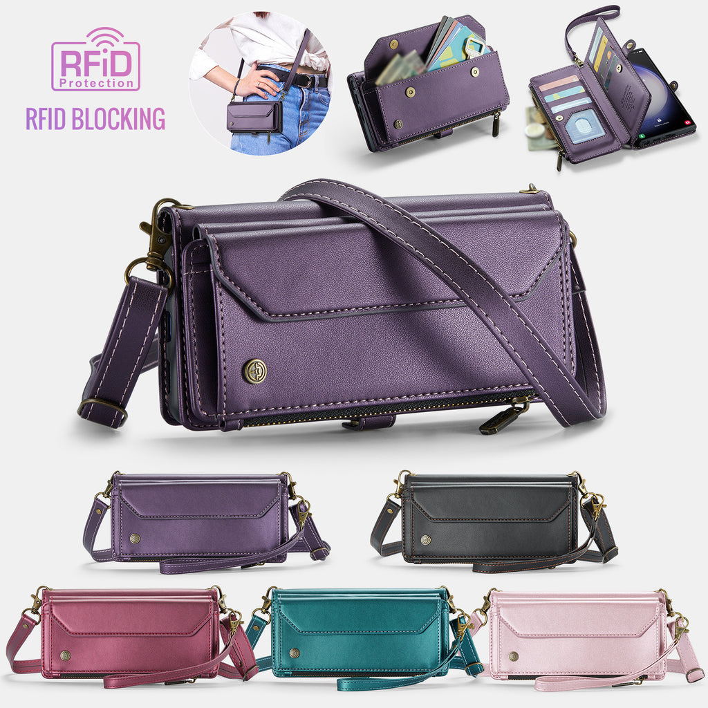 Crossbody Wallet Phone Case | Zipper Leather Samsung Case with Strap