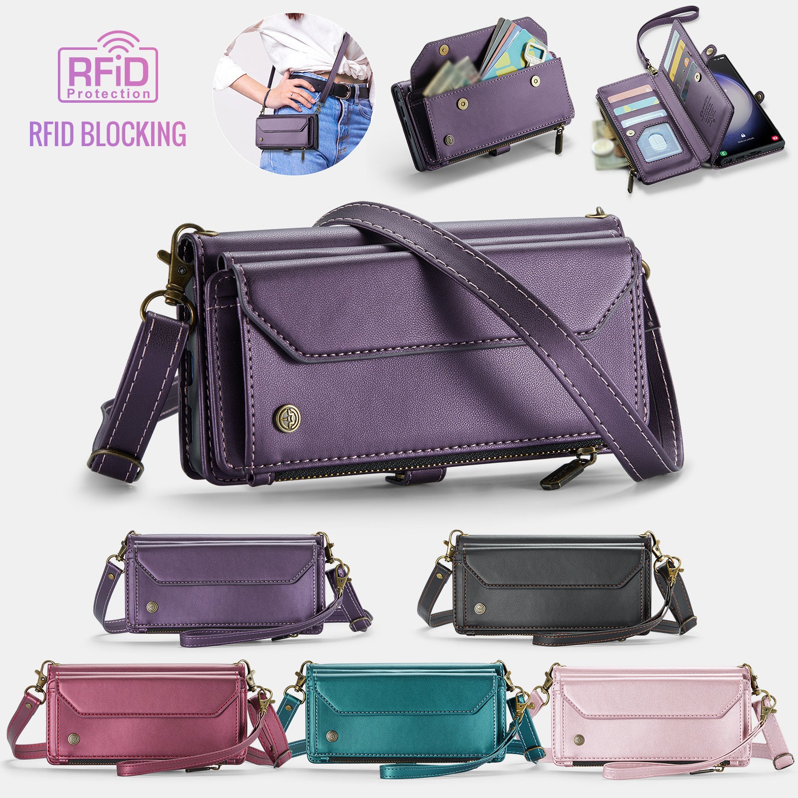 Crossbody Wallet Phone Case | Zipper Leather Samsung Case with Strap