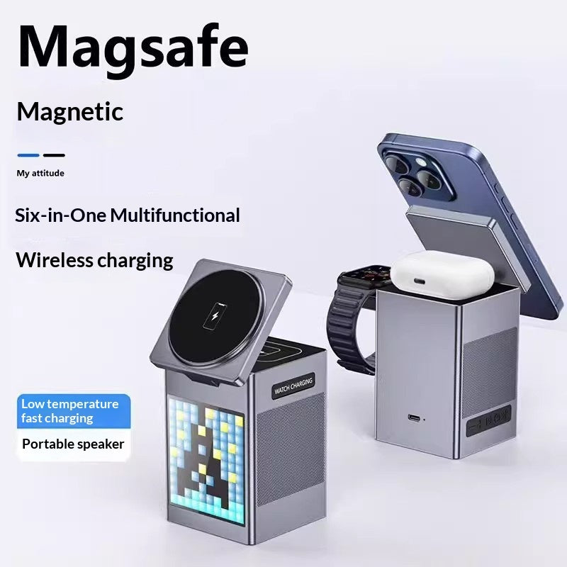 6-in-1 Magnetic Desktop Hub — Bluetooth Speaker, Alarm Clock, 15W Wireless Charger & Phone Stand
