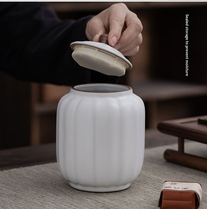 White Ceramic Tea Canister – Airtight Ribbed Storage Jar for Tea, Coffee & Spices (Medium / Large)