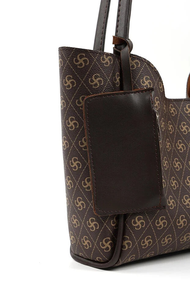 Monogram Faux Leather Women's Shoulder Bag Set | Wallet & Makeup Bag Included