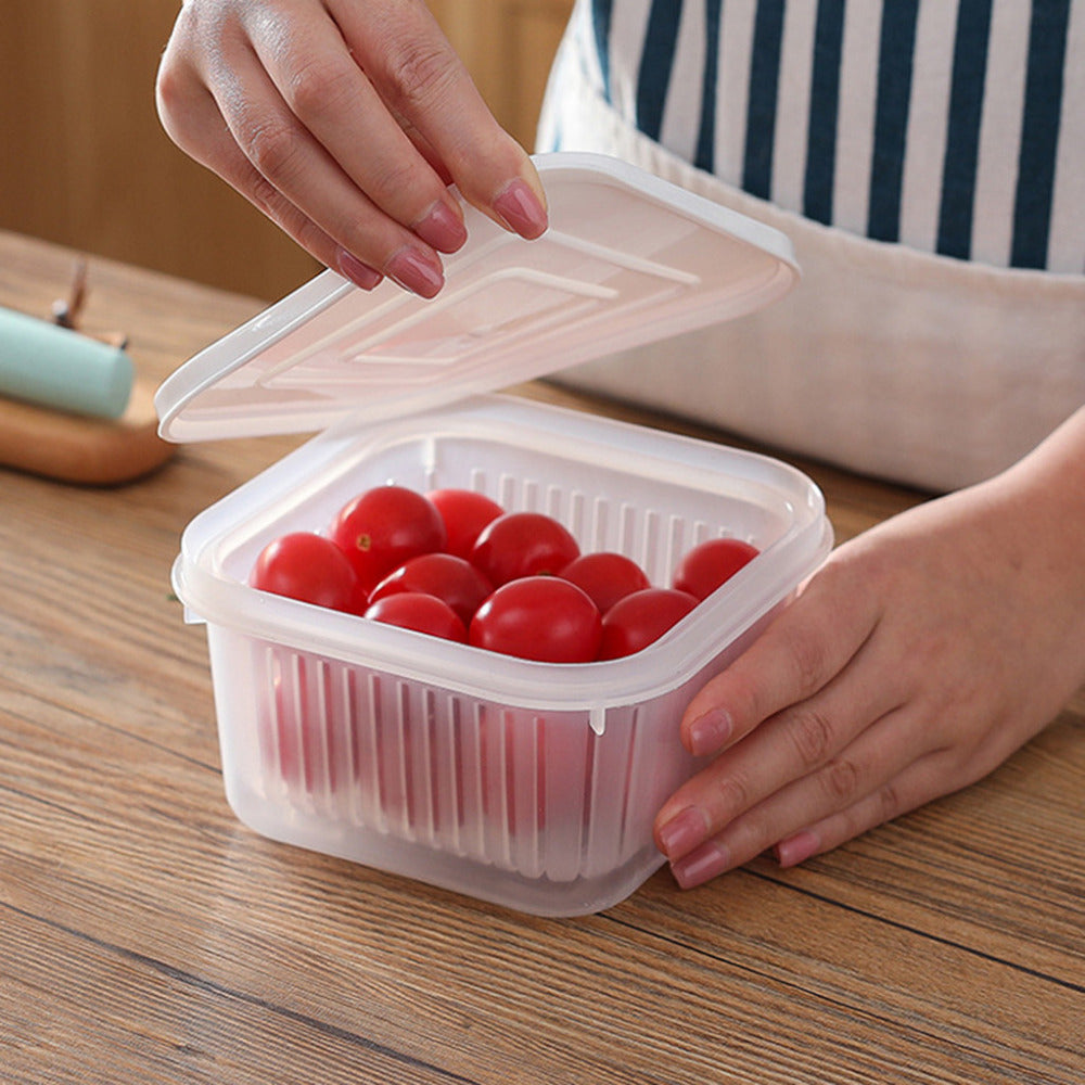 Square Fresh-Keeping Container with Built-In Drainer Basket – PP Fridge Storage Box for Herbs, Garlic & Vegetables
