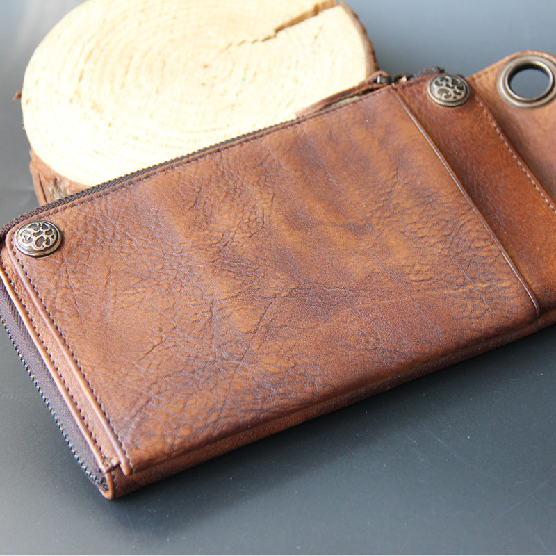 Vintage Genuine Leather Long Wallet | 13 Card Slots, Zipper Pocket & Snap Buttons