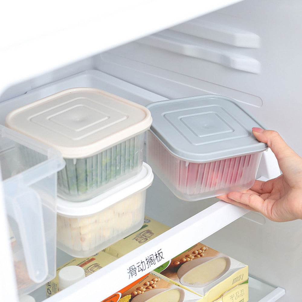Square Fresh-Keeping Container with Built-In Drainer Basket – PP Fridge Storage Box for Herbs, Garlic & Vegetables