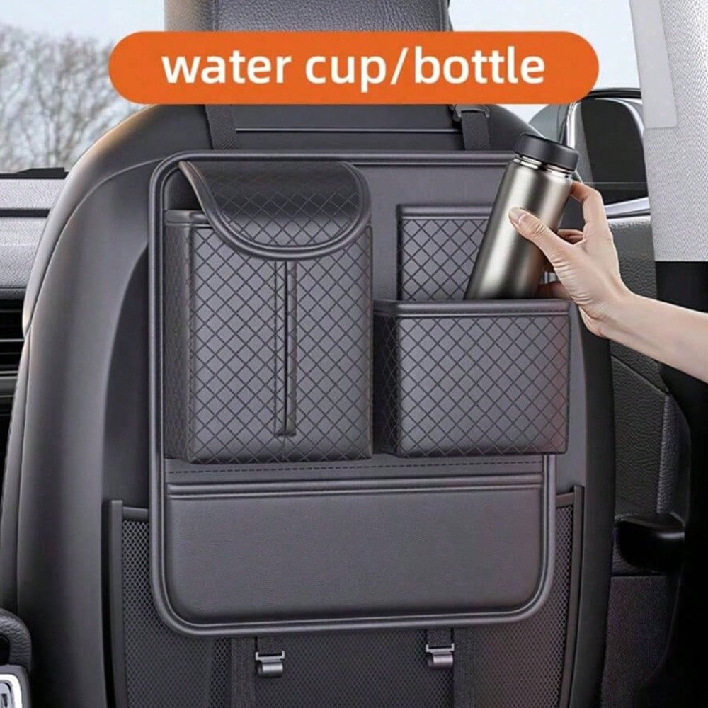 Car Back Seat Organiser | Multi-Pocket Leather Storage Bag, 40x36cm, Beige & Black | HOORIVA