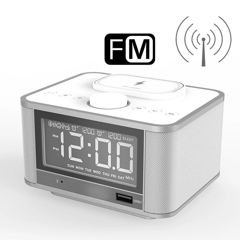 Bluetooth Speaker Alarm Clock | FM Radio + Wireless Charging | 5W+5W Stereo | EU/UK/US