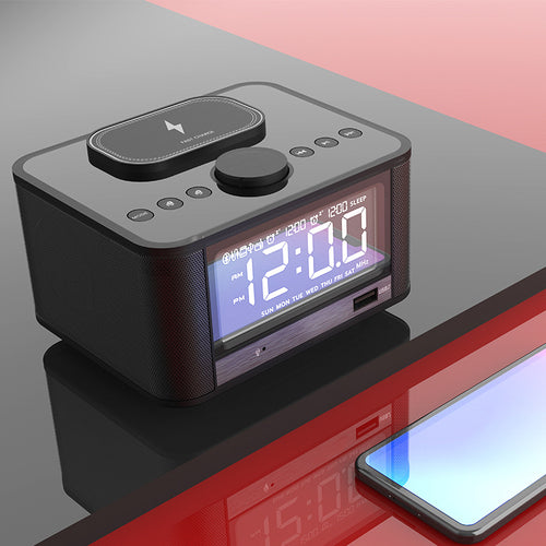 Bluetooth Speaker Alarm Clock | FM Radio + Wireless Charging | 5W+5W Stereo | EU/UK/US
