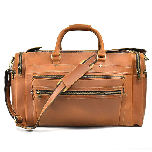 24 Inch Crazy Horse Leather Travel Bag — Large Capacity, First-Layer Cowhide, 3 Brown Tones