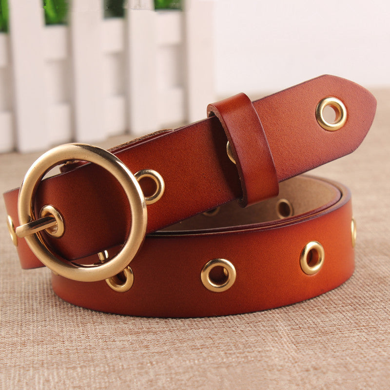 Women's Genuine Leather Belt – Classic Round Buckle, No-Hole Adjustable Fit | Hooriva