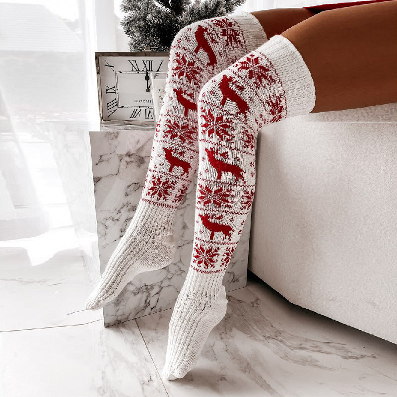 Women's Christmas Thigh-High Knitted Stockings | Elk & Snowflake Jacquard, One Size, 3 Colours | HOORIVA