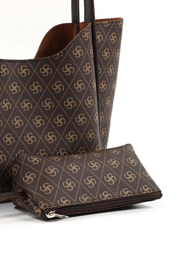 Monogram Faux Leather Women's Shoulder Bag Set | Wallet & Makeup Bag Included