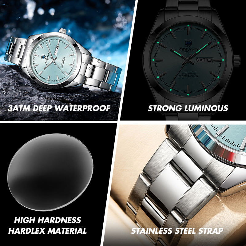 Men's paazomu Double Calendar Luminous Quartz Watch – Steel Strap | 5 Styles | Silver Case | Hooriva
