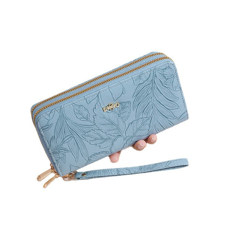 Women's PU Leather Floral Embossed Long Wallet – Large Capacity Zipper Clutch with Wrist Strap