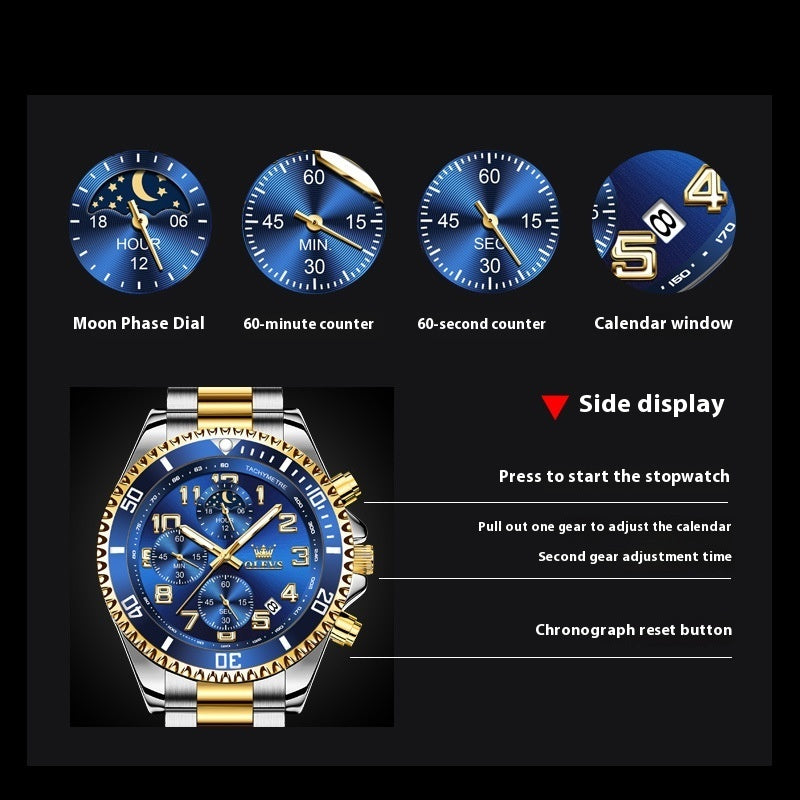 Men's Sports Steel Belt Watch | Multi-Function Wristwatch in 8 Colourways