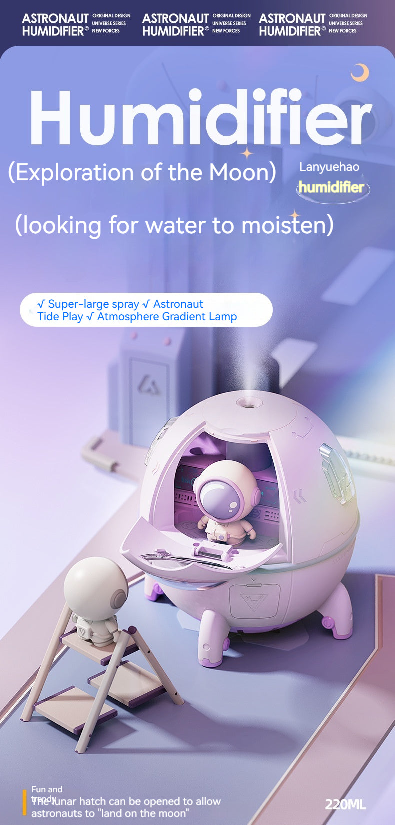 Space Capsule Humidifier MJ046 | Type-C | Ultrasound | Colorful Breathing Night Lamp | 220ml