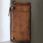 Vintage Genuine Leather Long Wallet | 13 Card Slots, Zipper Pocket & Snap Buttons