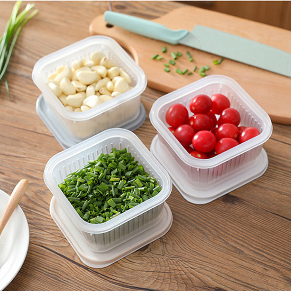 Square Fresh-Keeping Container with Built-In Drainer Basket – PP Fridge Storage Box for Herbs, Garlic & Vegetables