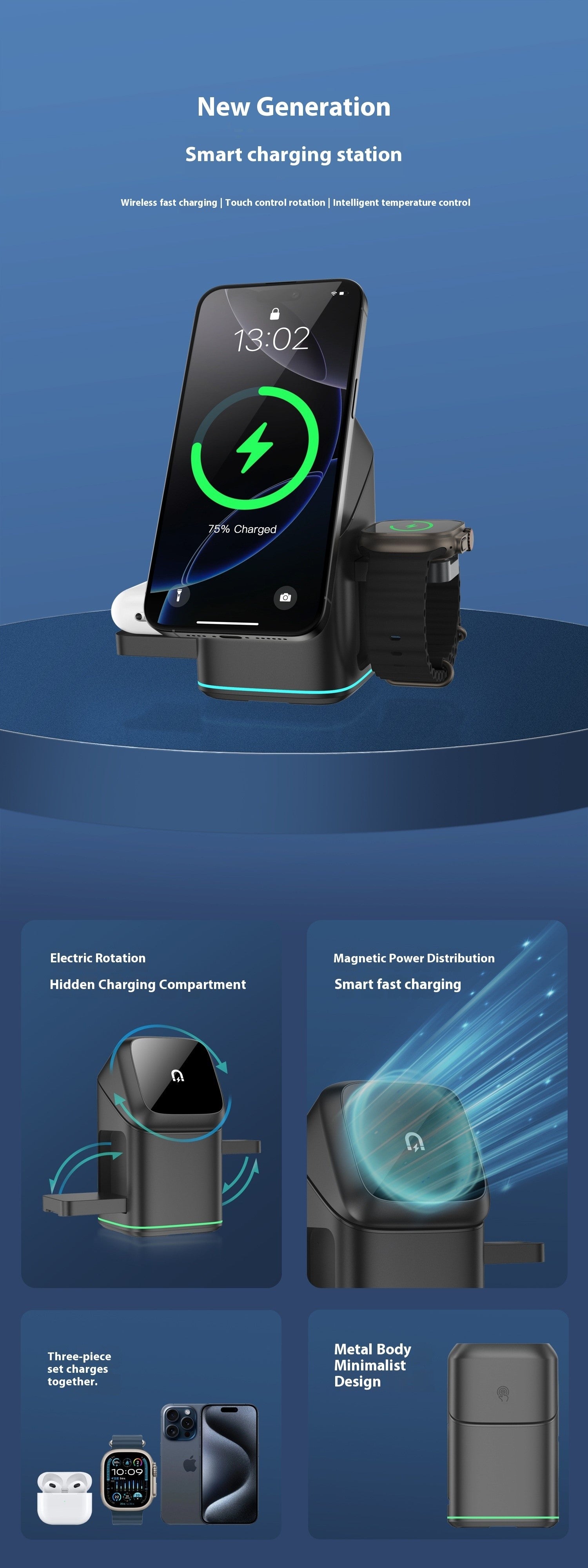 MagSafe 3-in-1 Wireless Fast Charger | 180° Auto Rotation | iPhone, Apple Watch & AirPods