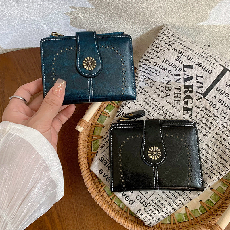 Women's PU Oil-Leather Short Wallet – Vintage Floral Stitch, Anti-Skimming, 5 Card Slots & Coin Pocket