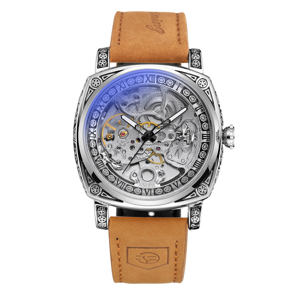 Men's Hollow Mechanical Watch – 42mm Business Dress Watch with Calendar & Sapphire Glass