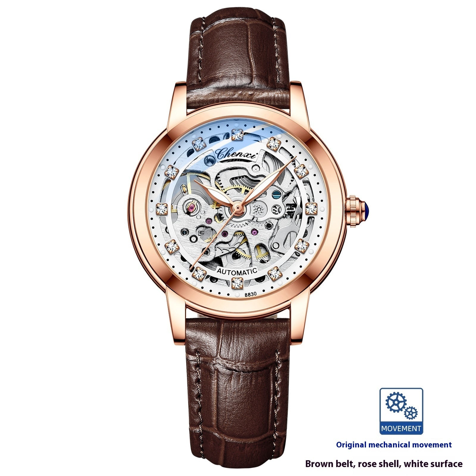 Chenxi Diamond Skeleton Automatic Watch – Rose Gold Case, Genuine Leather Strap | 5 Colours