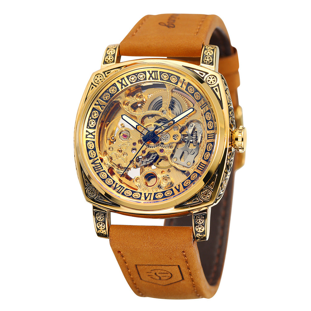 Men's Hollow Mechanical Watch – 42mm Business Dress Watch with Calendar & Sapphire Glass