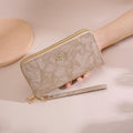 Women's PU Leather Floral Embossed Long Wallet – Large Capacity Zipper Clutch with Wrist Strap