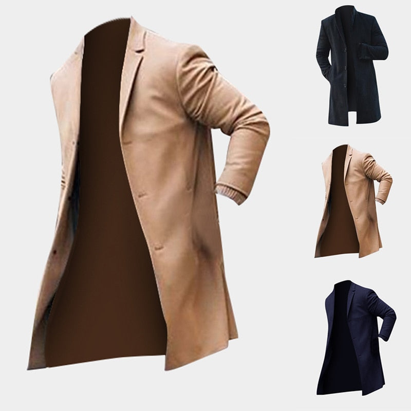 معطف واقٍ من المطر رجالي بقصة ضيقة – معطف شتوي طويل | أسود، كاكي وكحلي | S–3XL