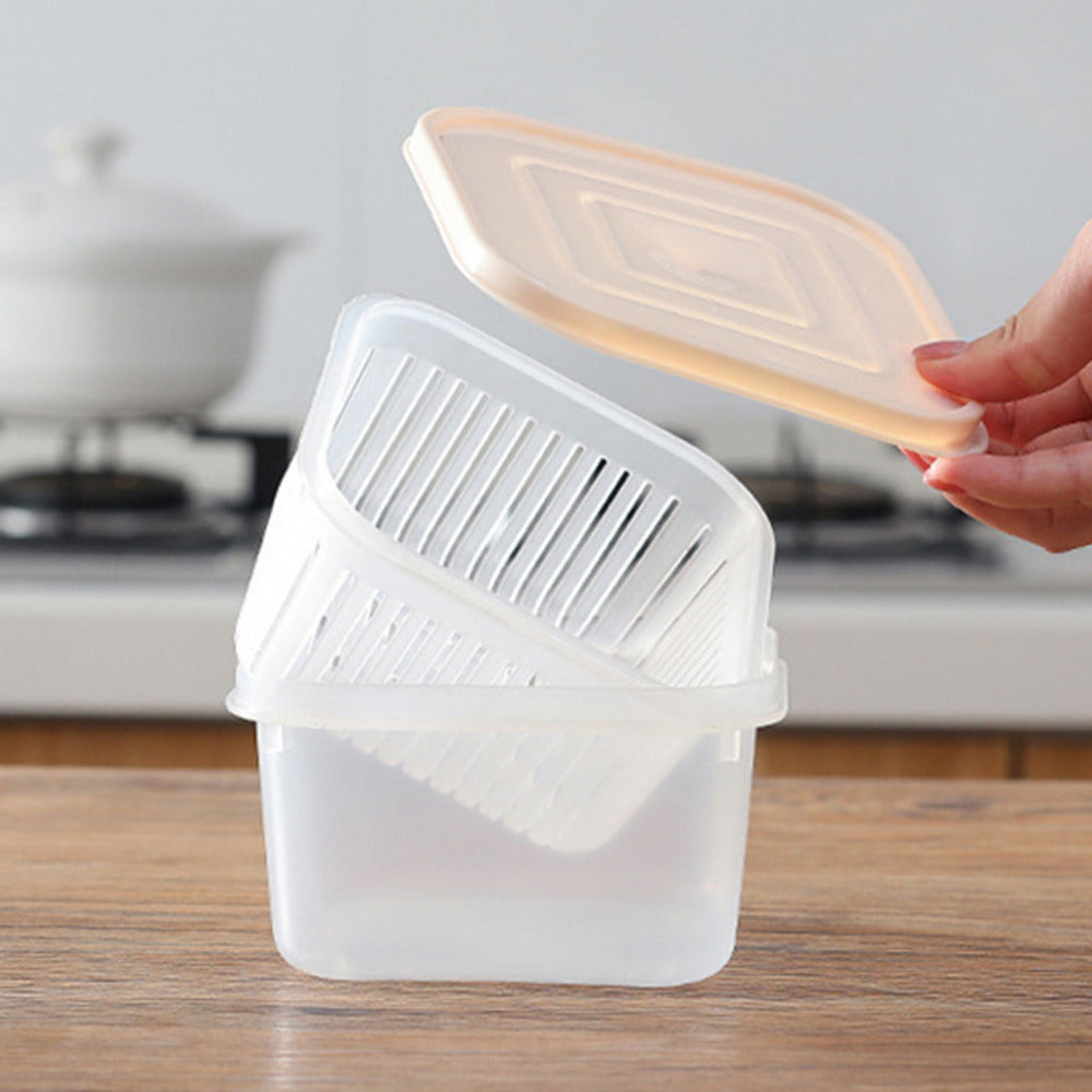 Square Fresh-Keeping Container with Built-In Drainer Basket – PP Fridge Storage Box for Herbs, Garlic & Vegetables