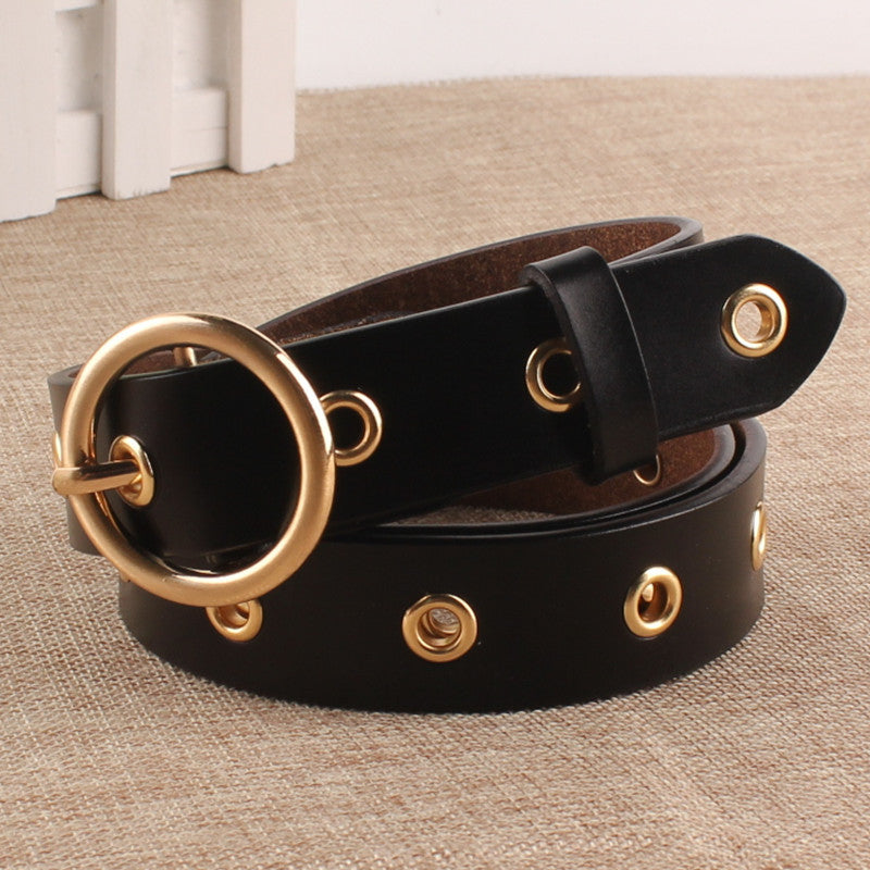 Women's Genuine Leather Belt – Classic Round Buckle, No-Hole Adjustable Fit | Hooriva