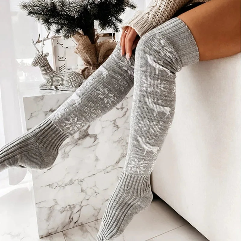 Women's Christmas Thigh-High Knitted Stockings | Elk & Snowflake Jacquard, One Size, 3 Colours | HOORIVA