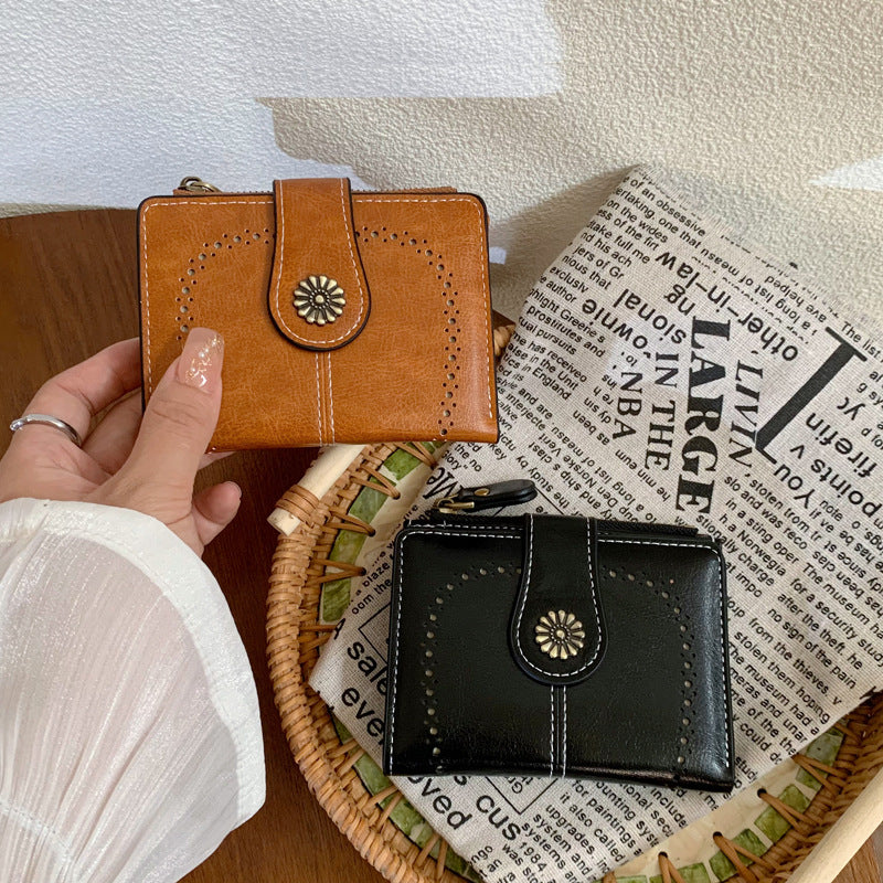 Women's PU Oil-Leather Short Wallet – Vintage Floral Stitch, Anti-Skimming, 5 Card Slots & Coin Pocket
