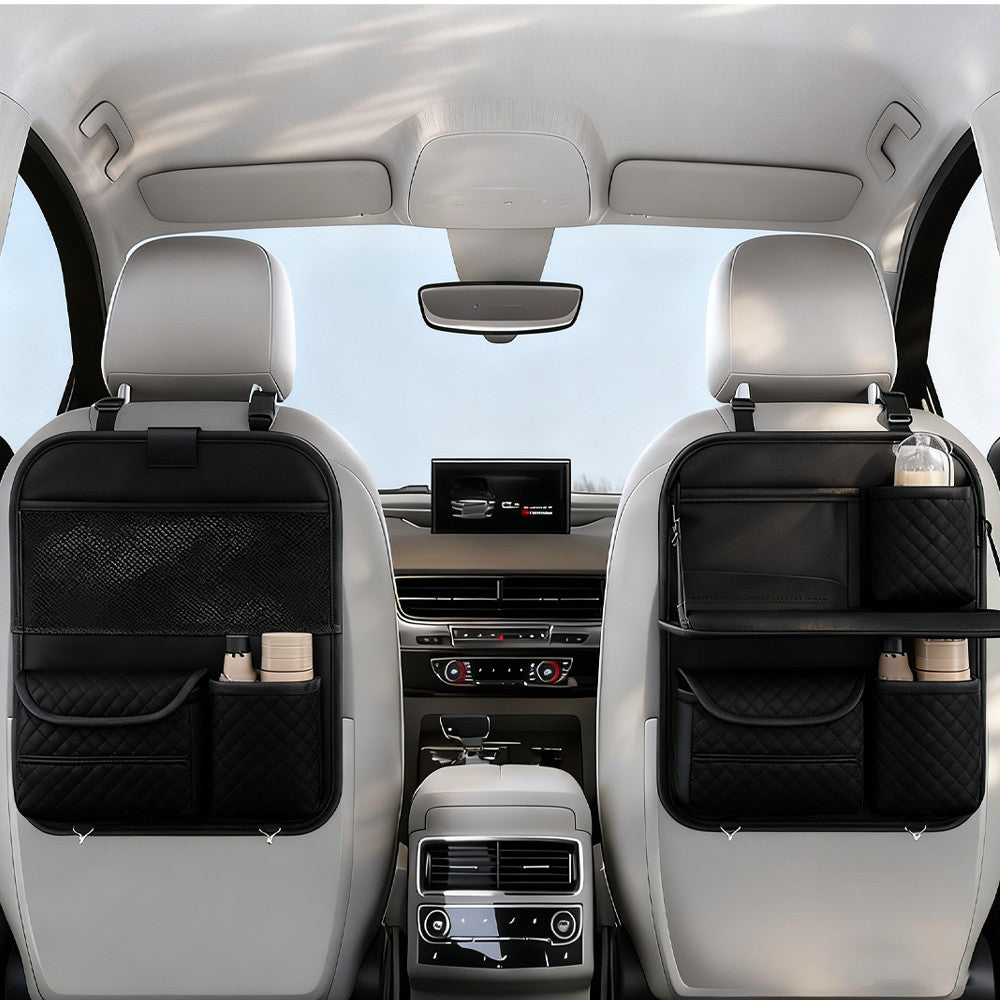 Car Back Seat Organiser | Multi-Pocket Leather Storage Bag, 40x36cm, Beige & Black | HOORIVA