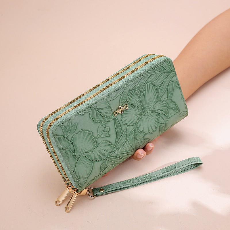Women's PU Leather Floral Embossed Long Wallet – Large Capacity Zipper Clutch with Wrist Strap