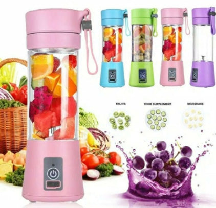 	Portable electric blender crushing fresh fruit for healthy protein smoothie