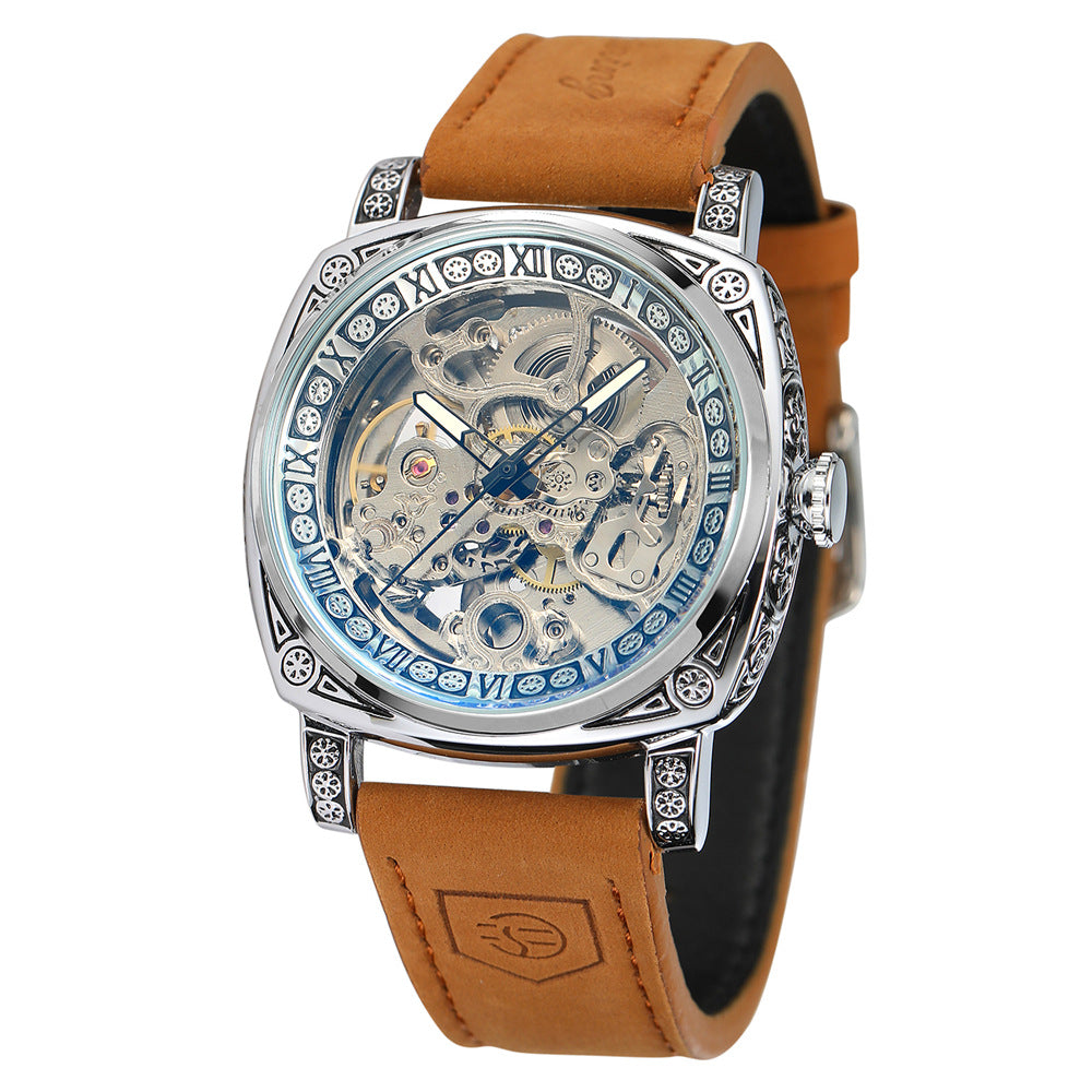 Men's Hollow Mechanical Watch – 42mm Business Dress Watch with Calendar & Sapphire Glass