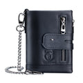 Men's Full-Grain Cowhide Chain Wallet – Retro Bifold with Dual Zippers & Clasp