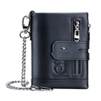 Men's Full-Grain Cowhide Chain Wallet – Retro Bifold with Dual Zippers & Clasp