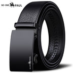 Men's automatic buckle leather belt with silver geometric design.