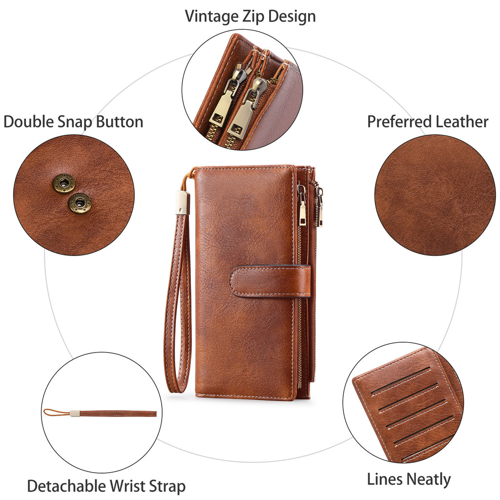 Women's Vintage Tri-Fold Long Wallet – RFID Blocking Oil Wax PU Leather Purse