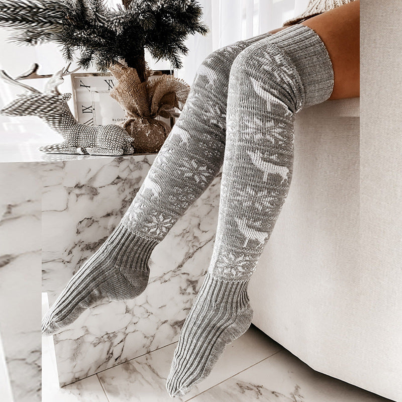 Women's Christmas Thigh-High Knitted Stockings | Elk & Snowflake Jacquard, One Size, 3 Colours | HOORIVA