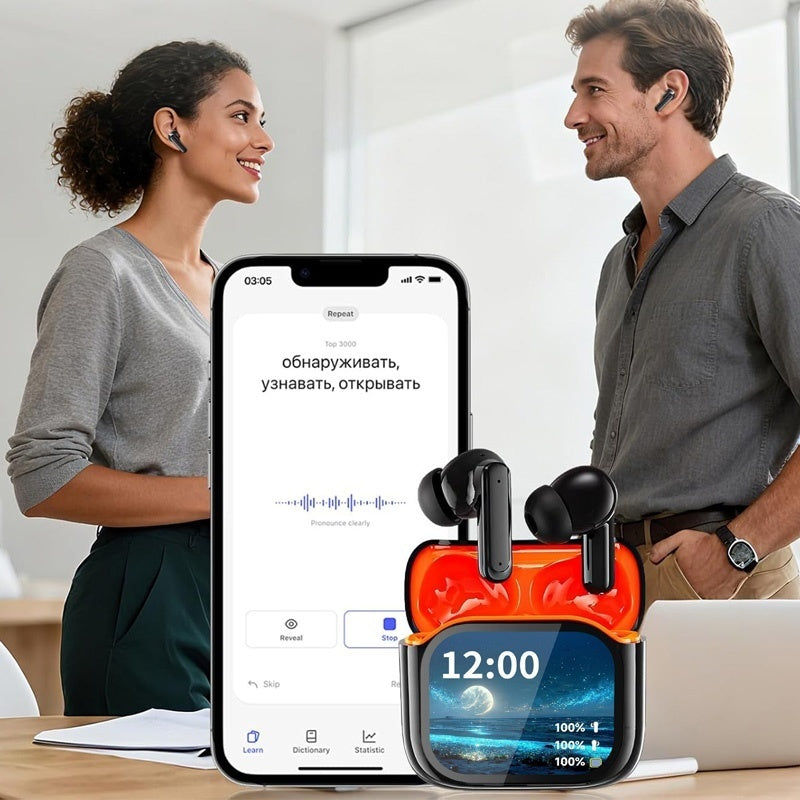AI Translation Earbuds | 144 Languages, 6 Modes, LCD Touchscreen, 60H Battery, No Subscription