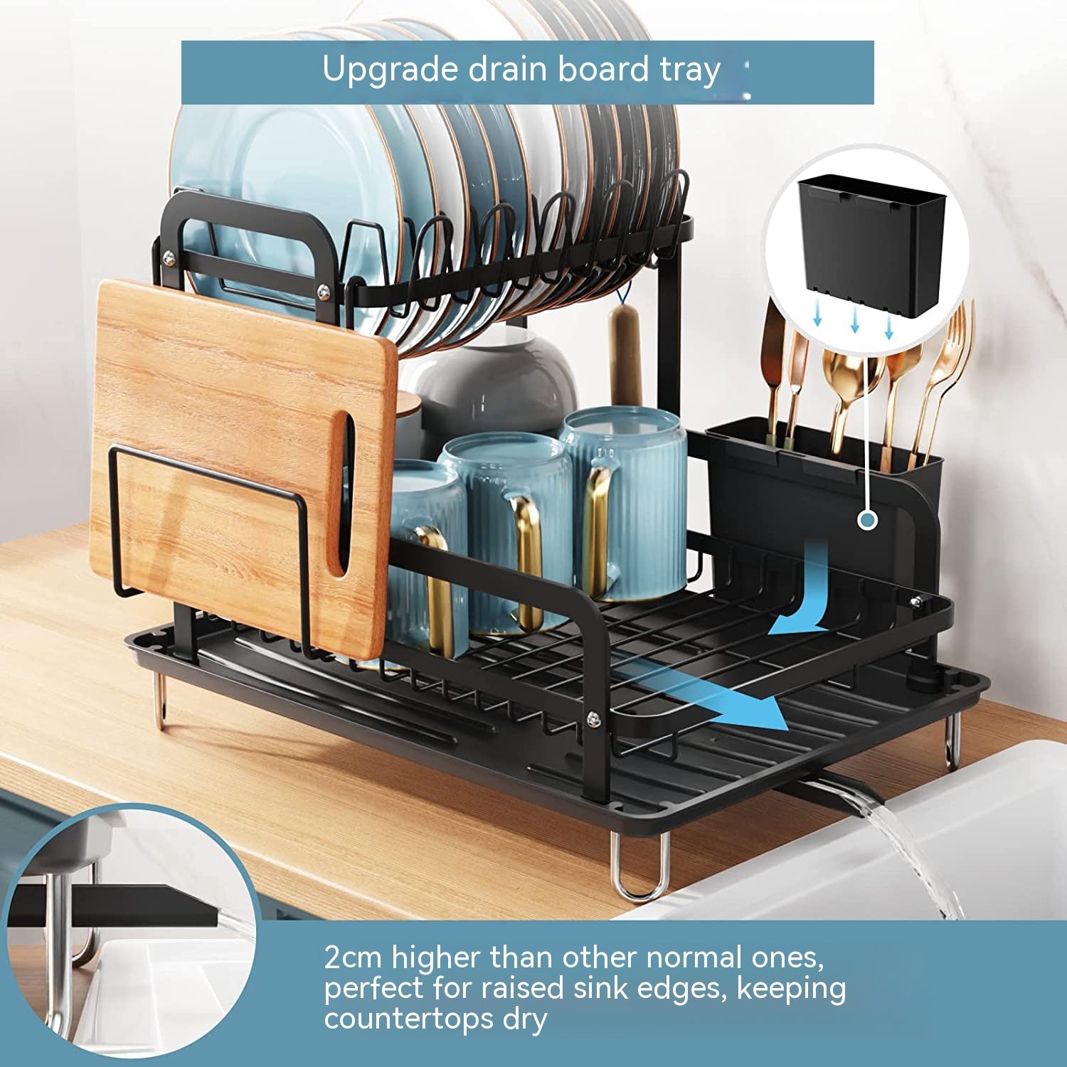 2-Tier Dish Drying Rack with Upgraded Drain Board Tray | Iron Wire Kitchen Drainer
