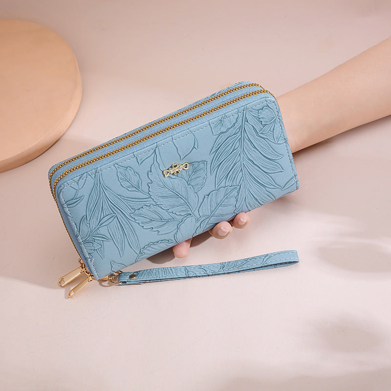 Women's PU Leather Floral Embossed Long Wallet – Large Capacity Zipper Clutch with Wrist Strap