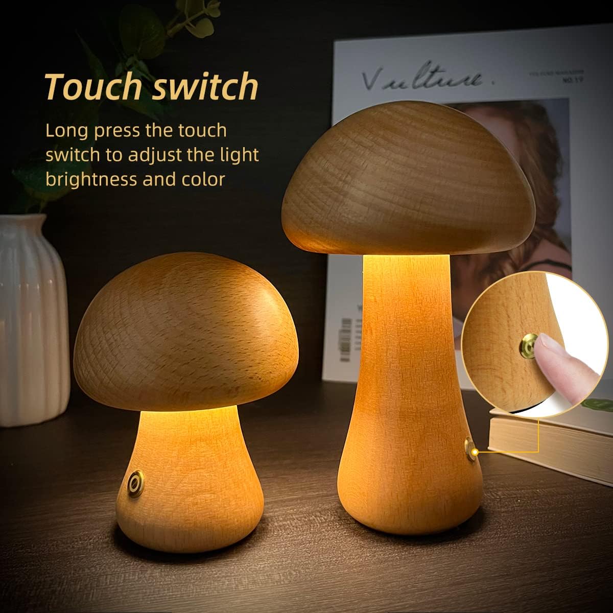 Wooden Mushroom LED Night Light | Touch Switch Bedside Lamp, 4 Styles, Beech & Walnut | HOORIVA