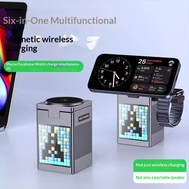 6-in-1 Magnetic Desktop Hub — Bluetooth Speaker, Alarm Clock, 15W Wireless Charger & Phone Stand