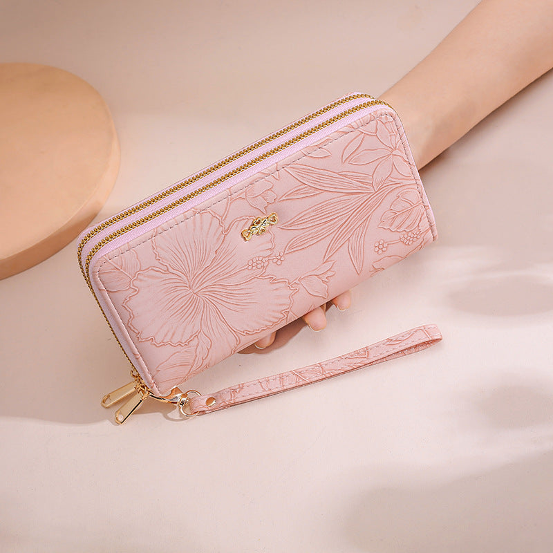 Women's PU Leather Floral Embossed Long Wallet – Large Capacity Zipper Clutch with Wrist Strap