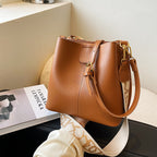 PU Leather Women's Bucket Bag — Wide Shoulder Strap, Contrast Colour, 5 Tones