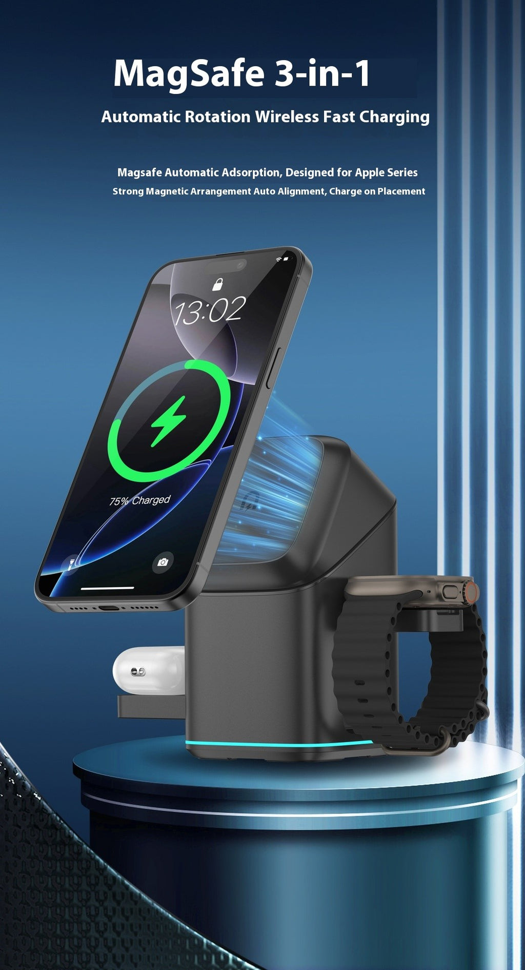 MagSafe 3-in-1 Wireless Fast Charger | 180° Auto Rotation | iPhone, Apple Watch & AirPods